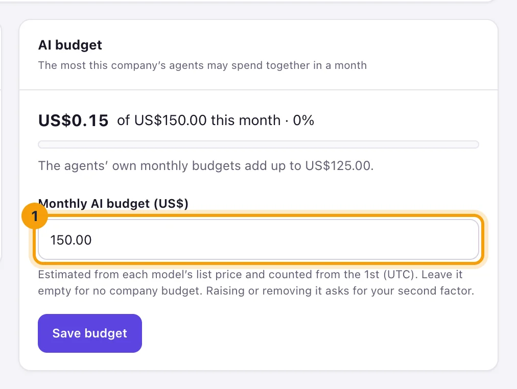 The AI budget card with the Monthly AI budget field ringed