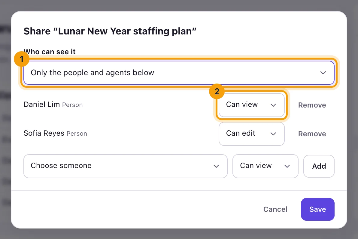 The Share dialog of Lunar New Year staffing plan, with Who can see it and an access choice ringed