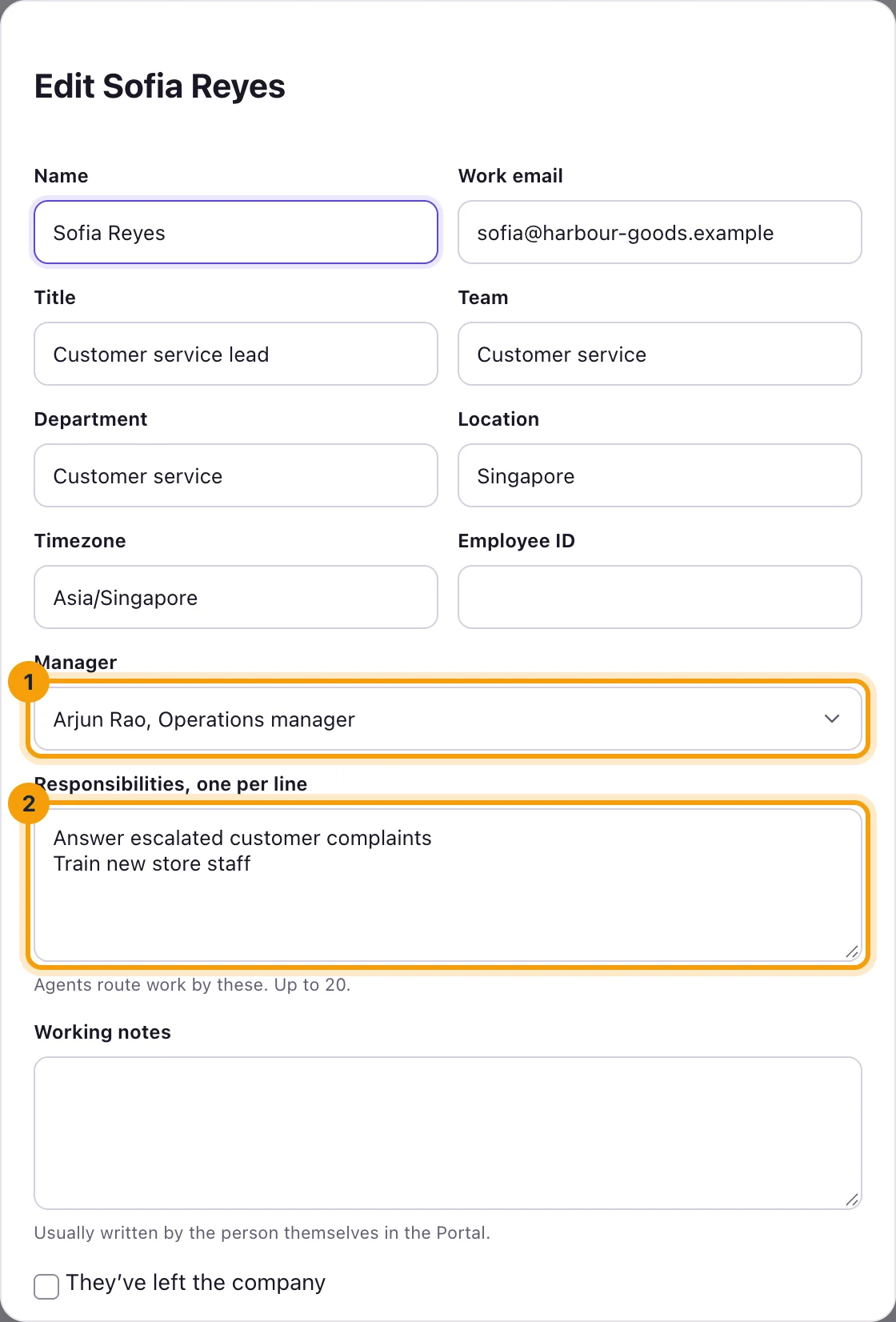 The Edit dialog of a person, with Manager and Responsibilities ringed
