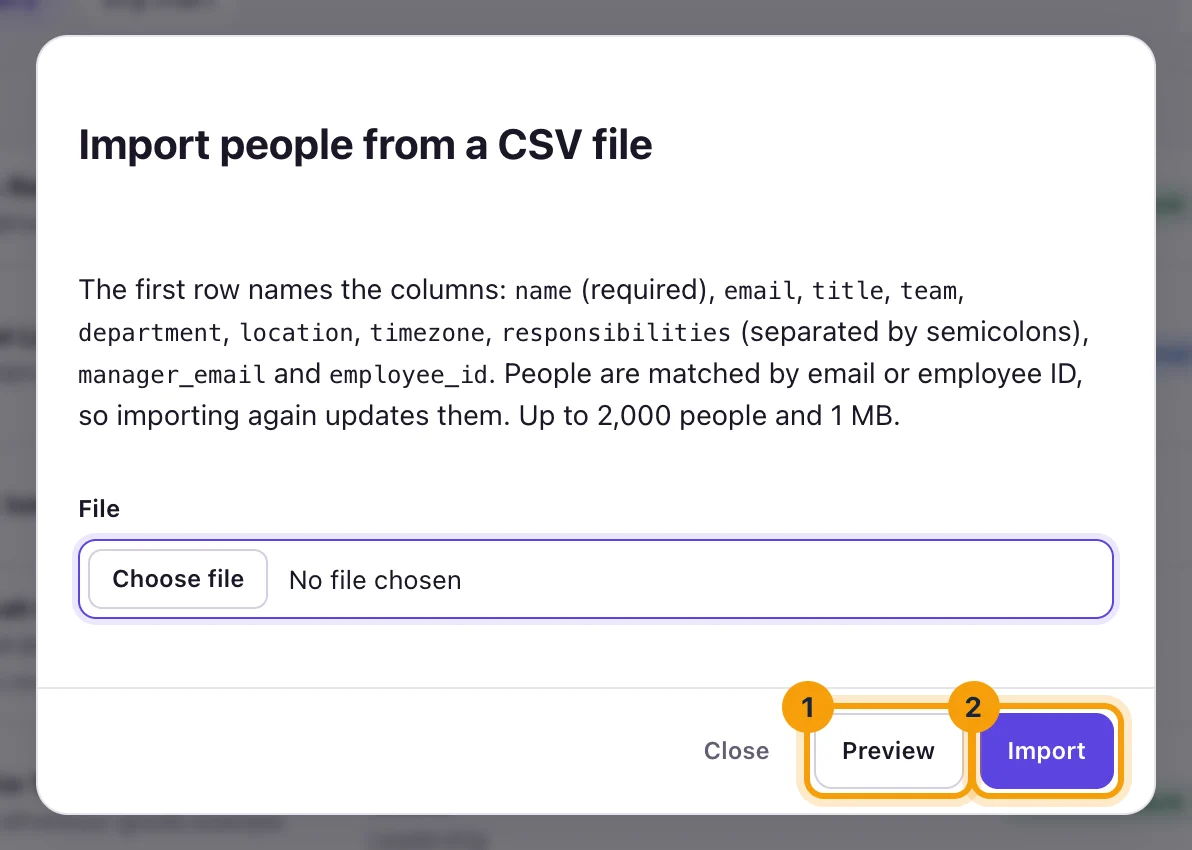 The Import people from a CSV file dialog, with Preview and Import ringed