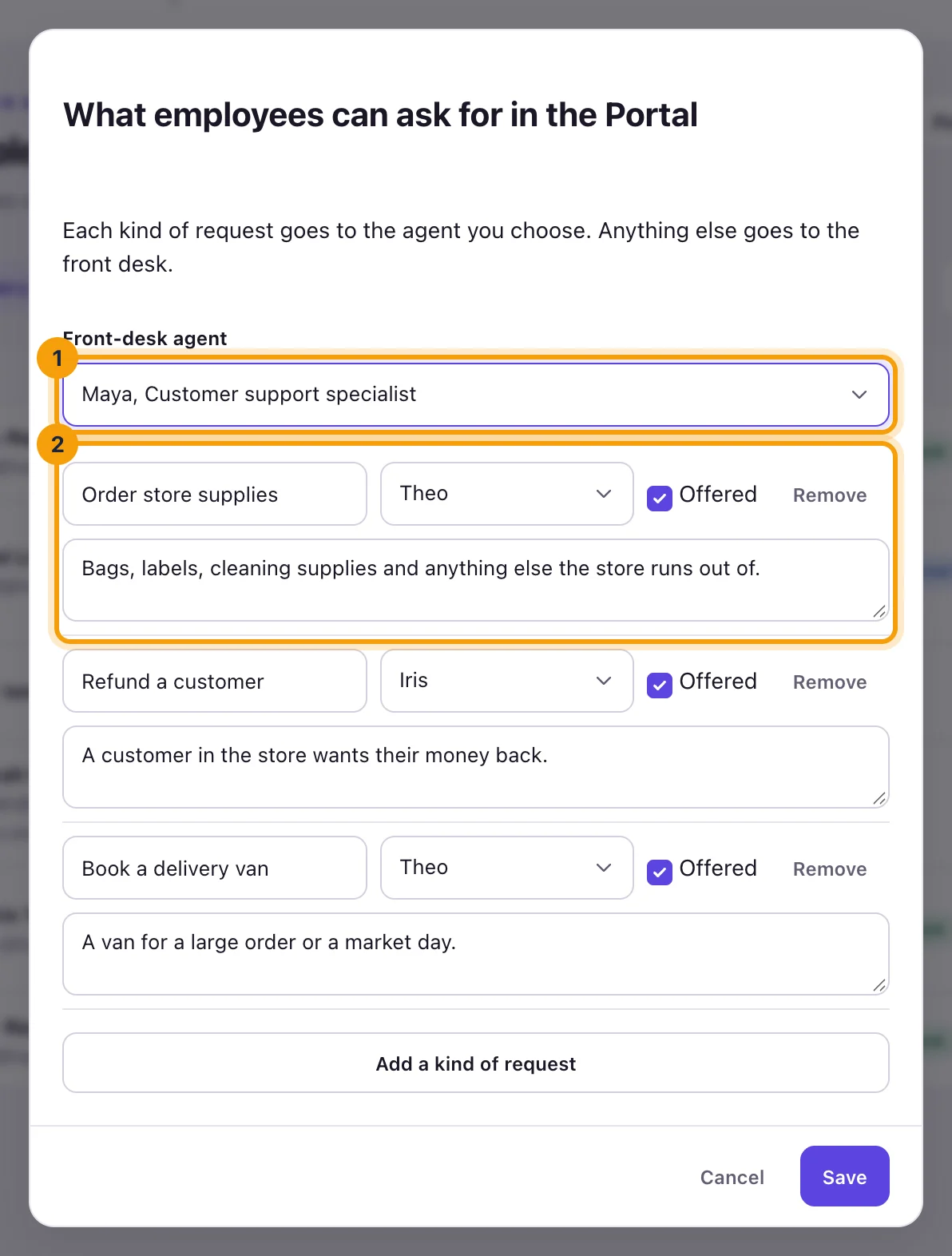 The Portal requests dialog, with the Front-desk agent and a kind of request ringed
