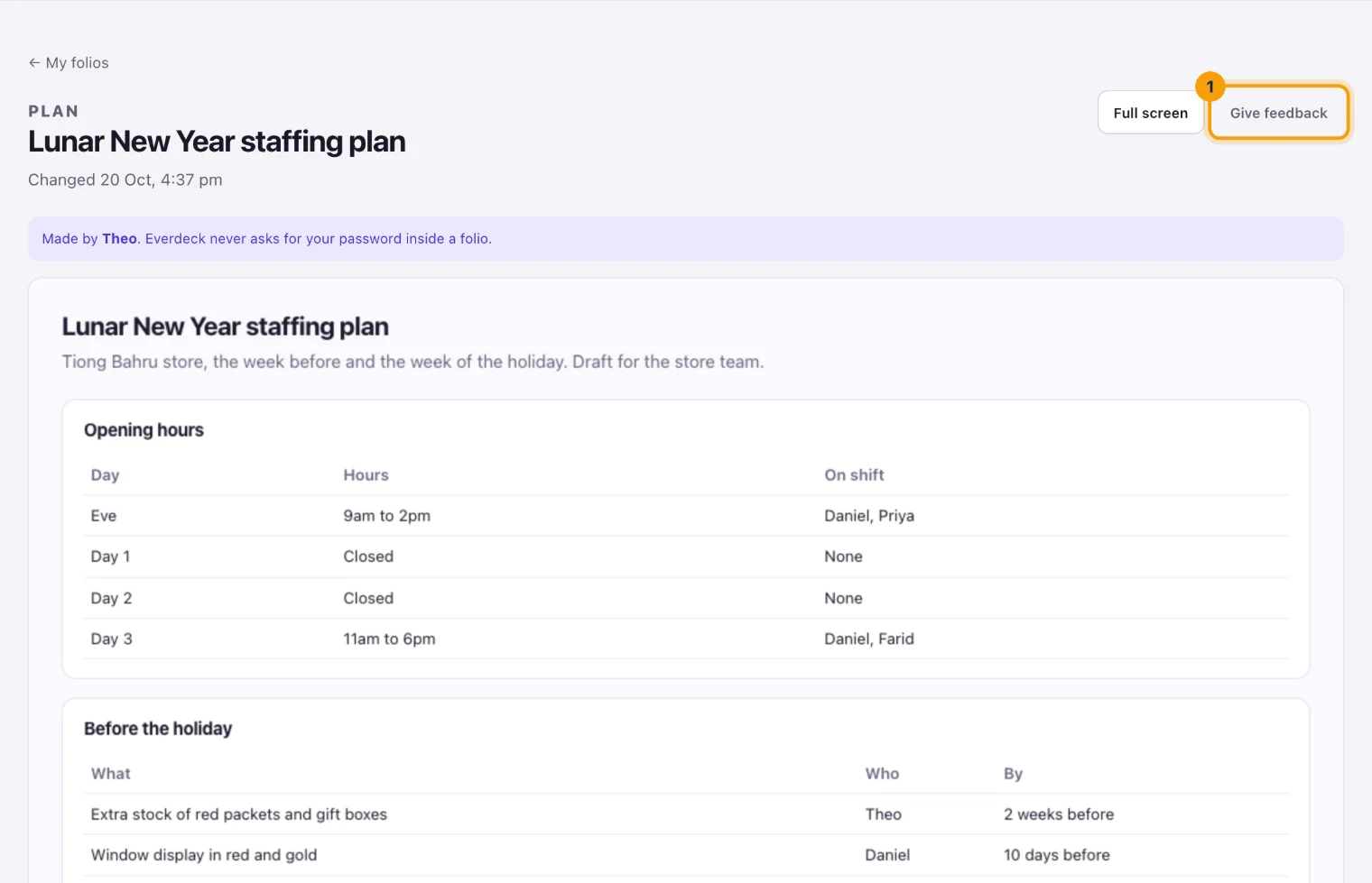 The Lunar New Year staffing plan folio, with Give feedback ringed