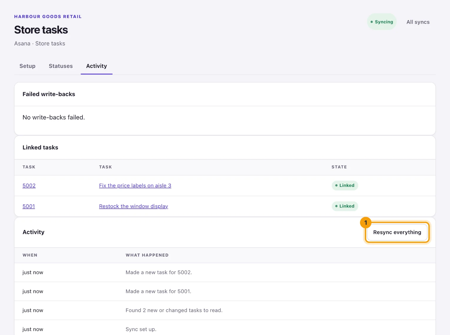 The Activity tab of the Store tasks sync with Resync everything ringed