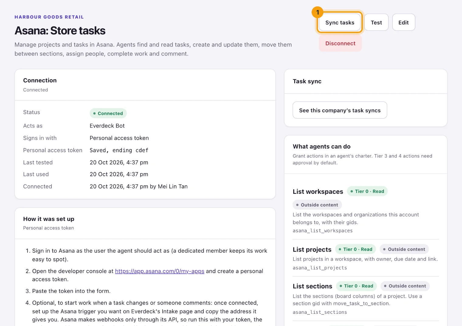 The page of the Asana connection Store tasks with Sync tasks ringed