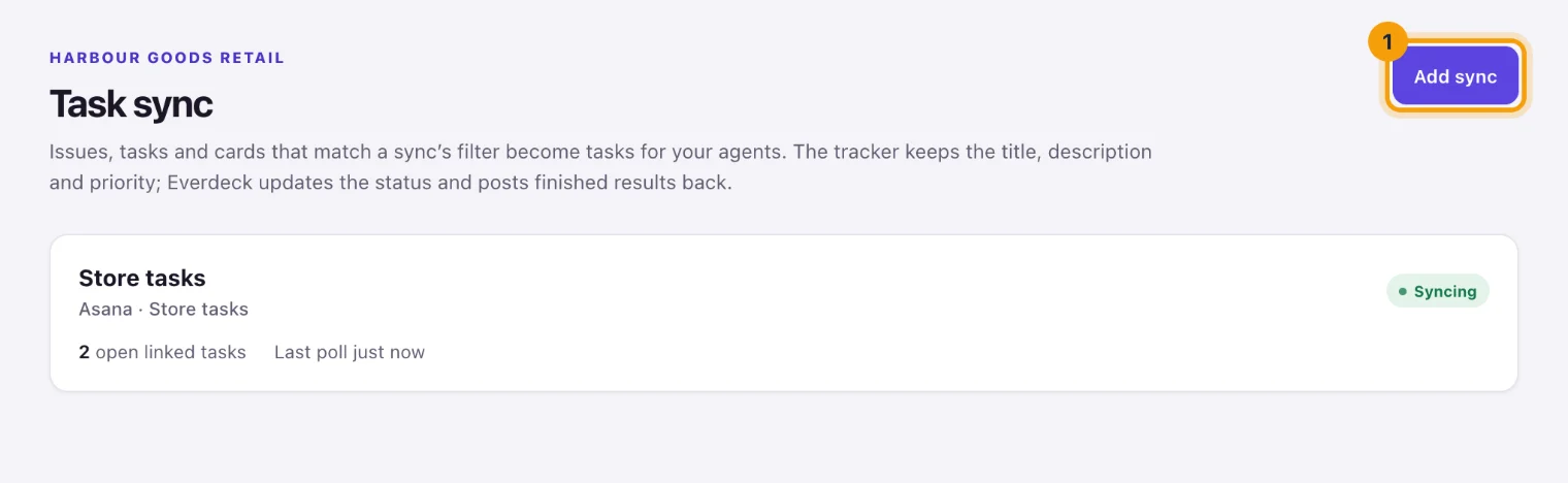 The Task sync page listing the Store tasks sync, with Add sync ringed