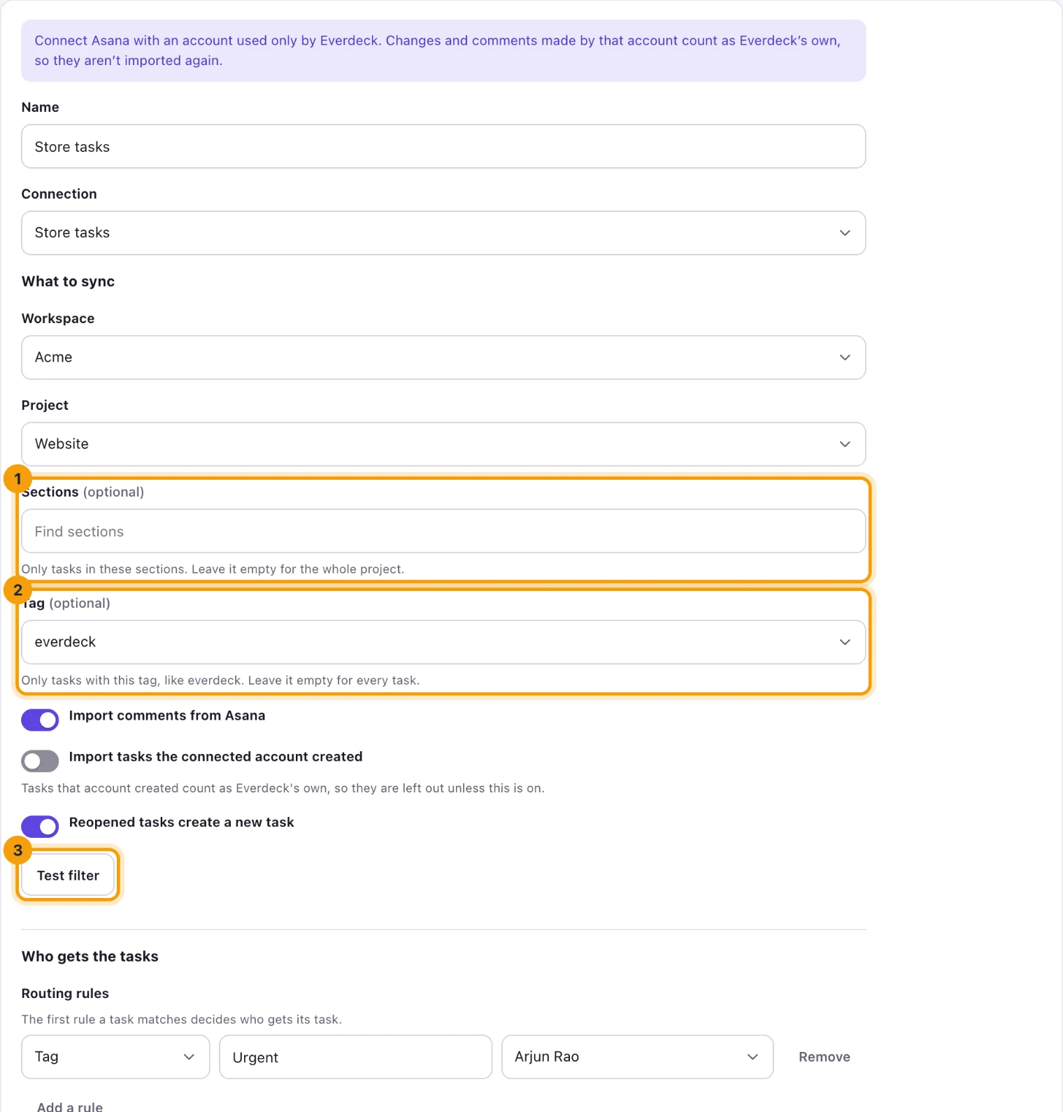 An Asana sync's Setup tab with the sections and tag pickers and Test filter ringed