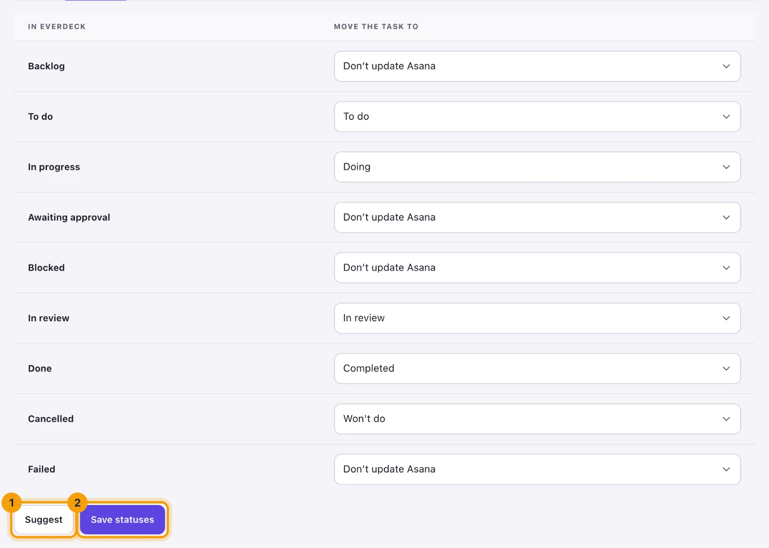 The Statuses tab with Suggest and Save statuses ringed